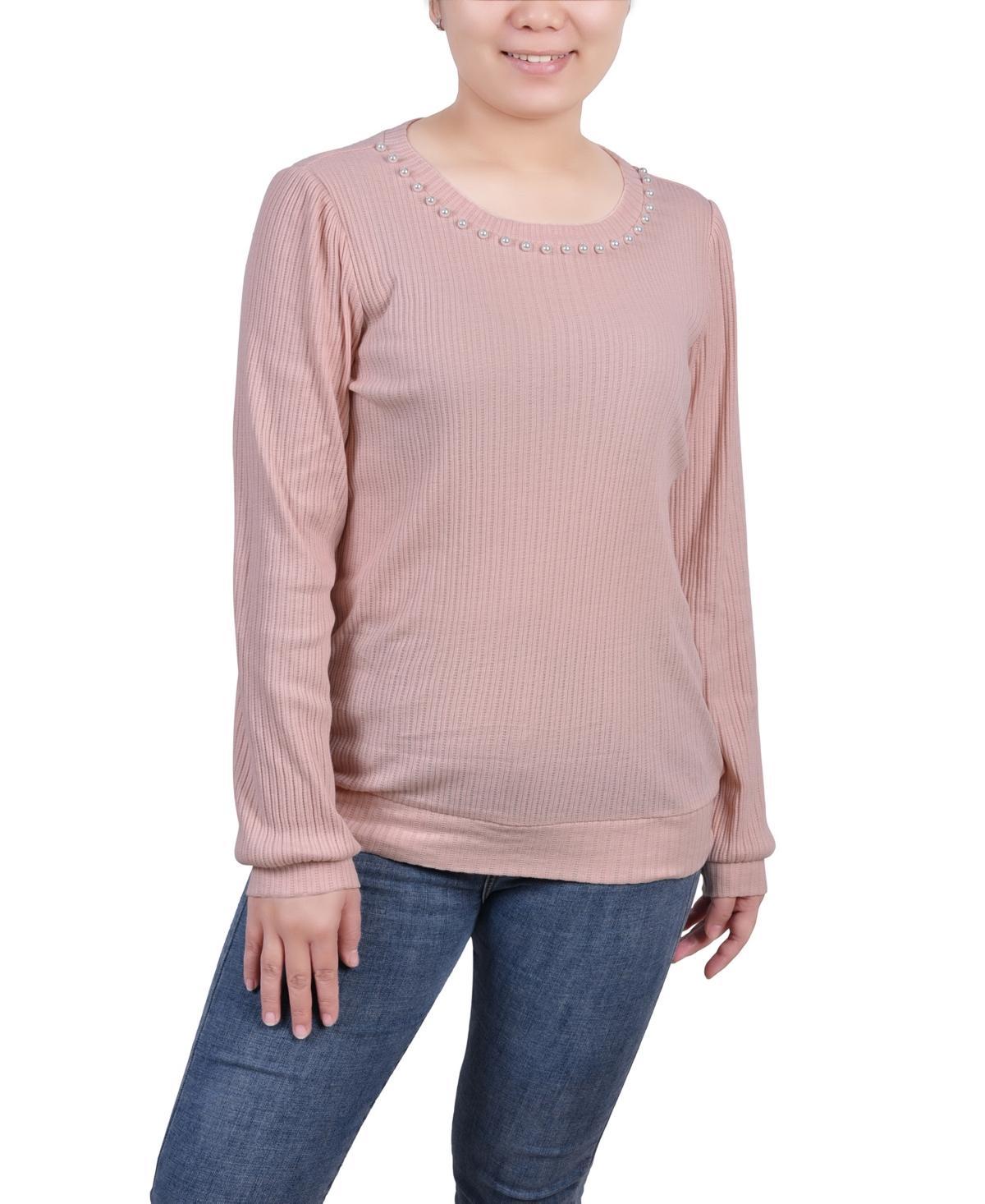 Ny Collection Petite Long Sleeve Ribbed Imitation Pearl Trimmed Top Product Image