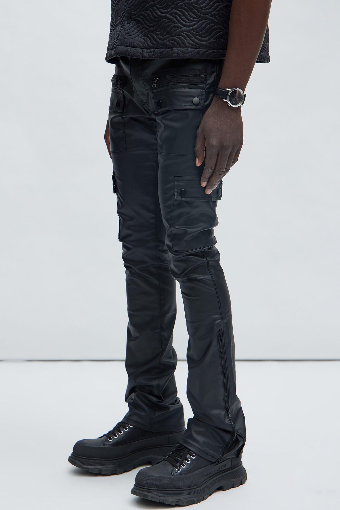 On The Verge Waxed Cargo Zipper Flare Pants - Black Product Image