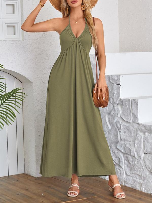 A-Line Loose Pleated Solid Color Split-Joint Deep V-Neck Maxi Dresses Product Image