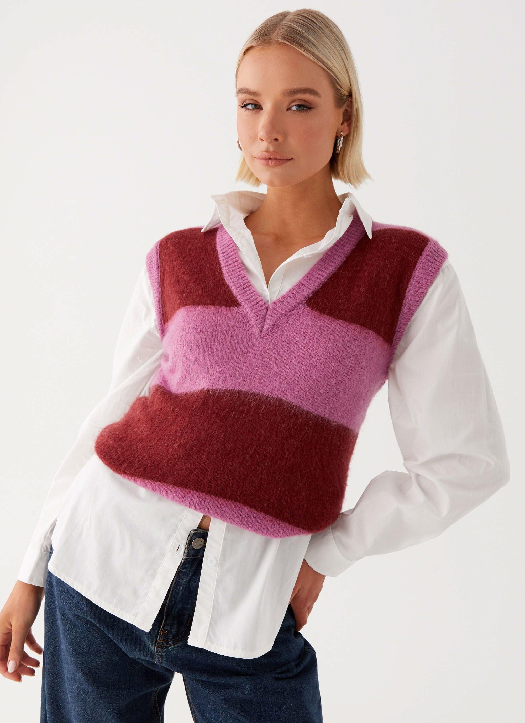 Savannah Fuzzy Knit Vest - Red Pink Stripe Product Image