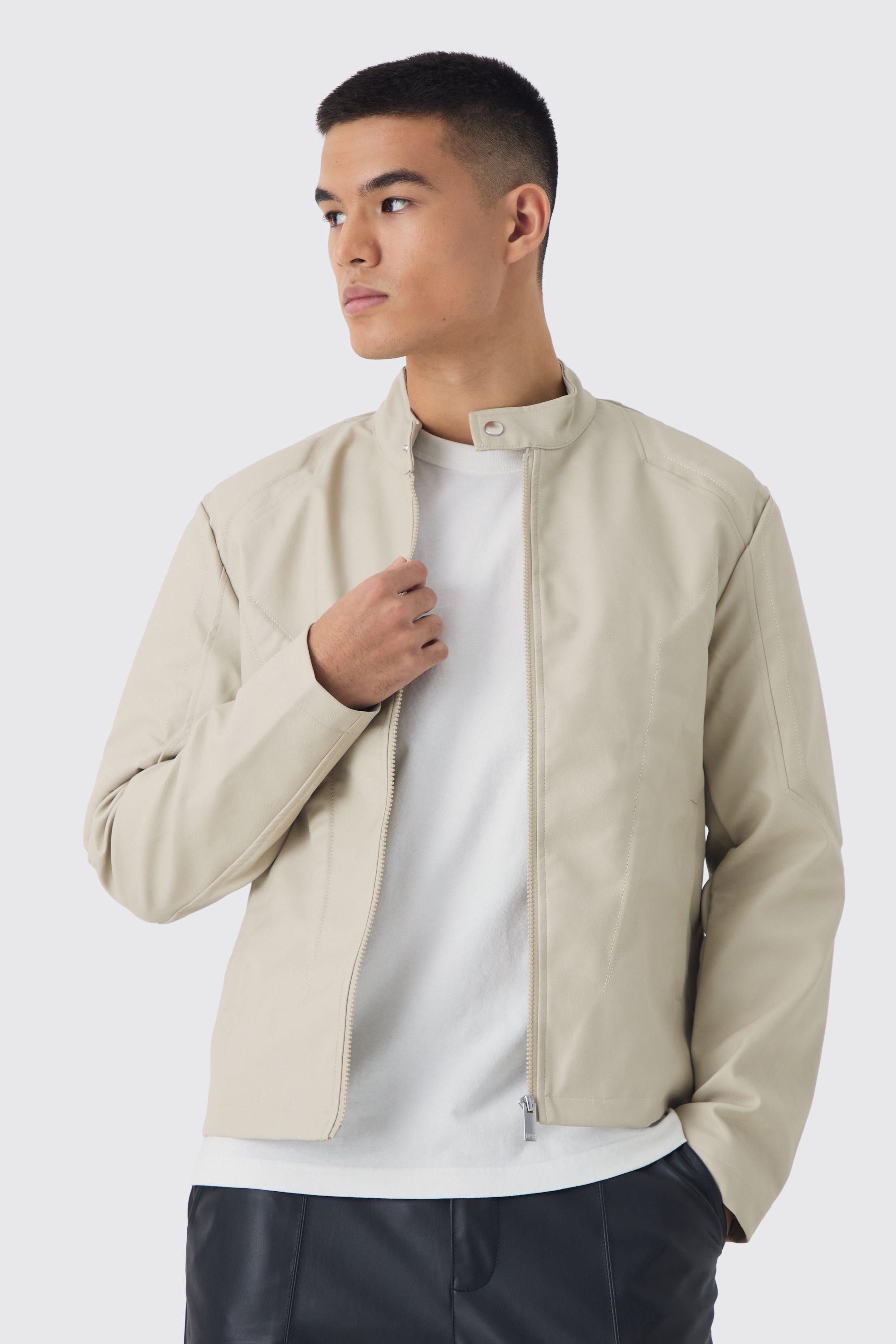 Mens Beige Tonal Pannelled Moto Jacket In Stone, Beige Product Image