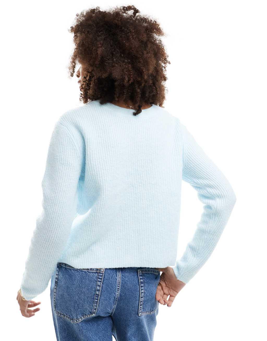 Pieces knitted cardigan with satin bow ribbon front in blue Product Image