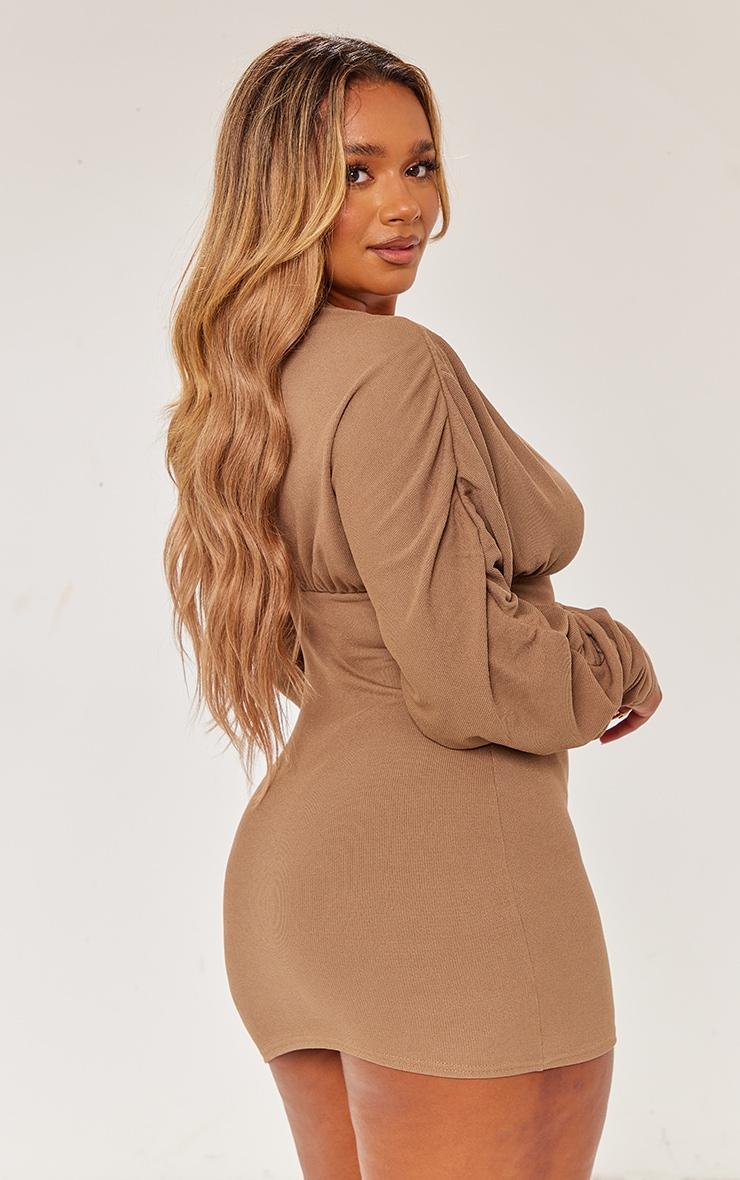 Shape Mocha Soft Rib Plunge Ruched Sleeve Bodycon Dress Product Image