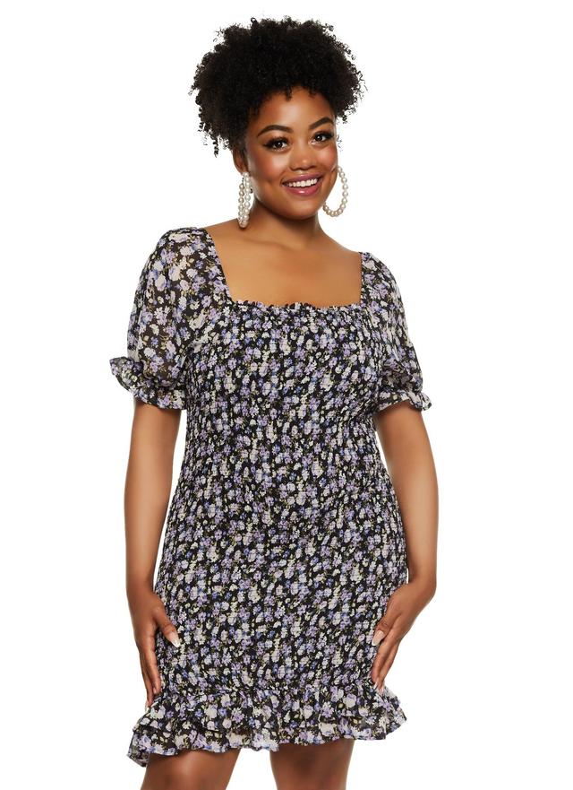 Womens Plus Size Haute Monde Floral Print Smocked Mini Dress Product Image