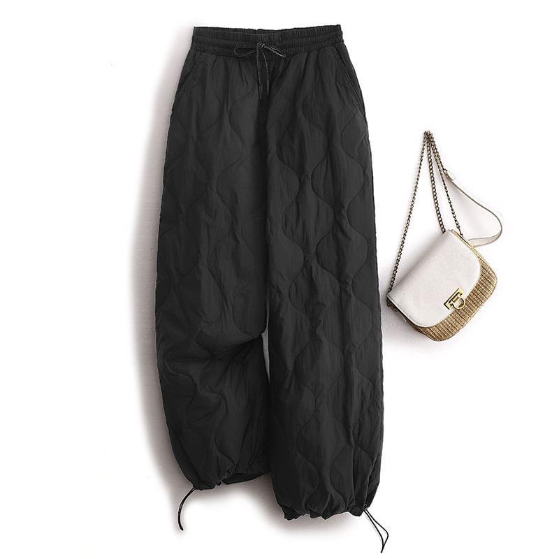 Drawstring Waist Plain Quilted Cropped Wide Leg Pants Product Image