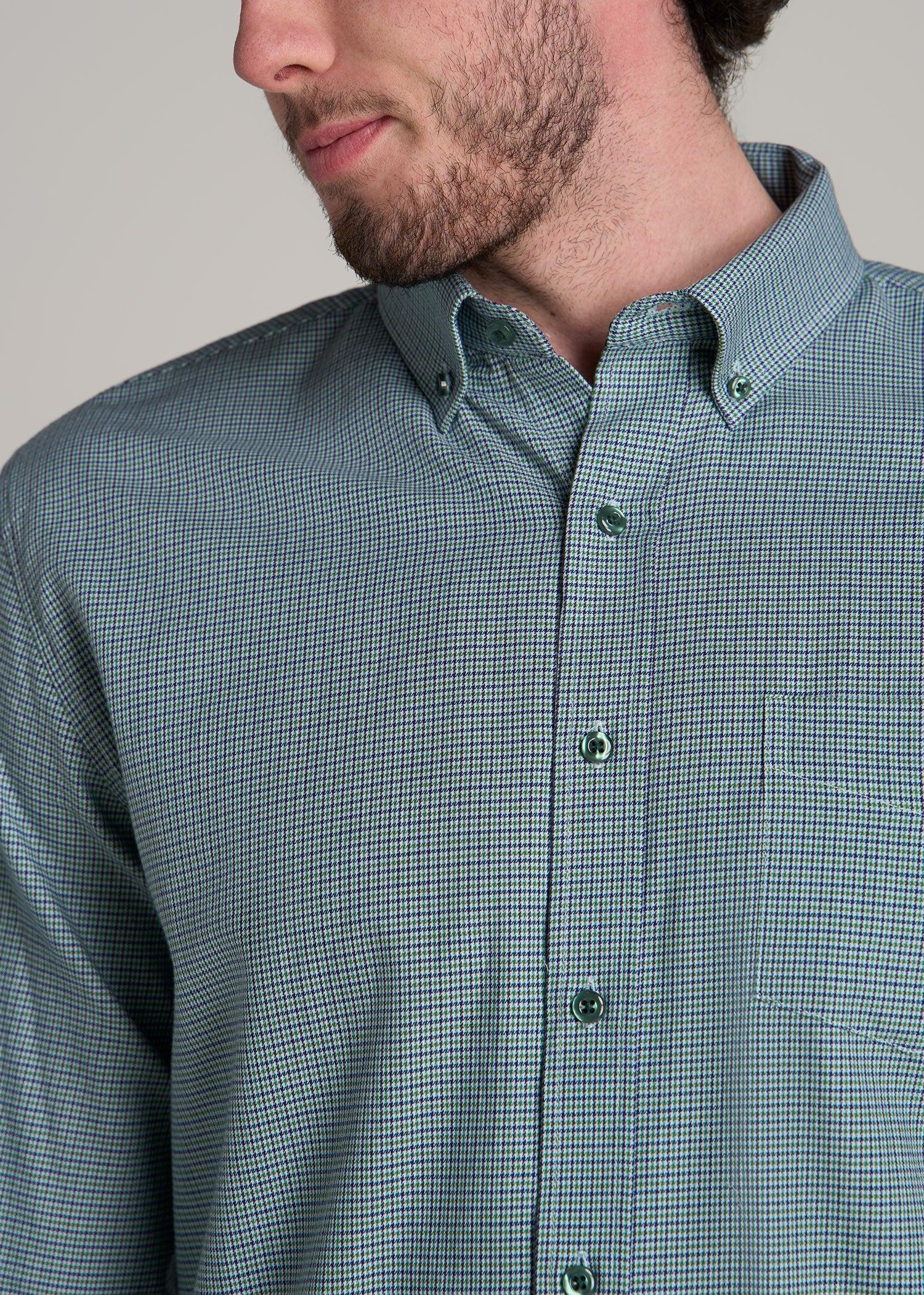 Soft-Wash Button-Up Shirt for Tall Men in Green and Navy Houndstooth Product Image