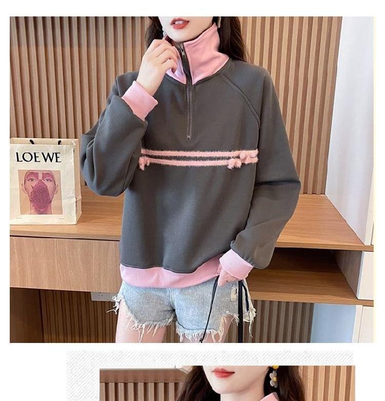 Stand Collar Striped Bow Accent Contrast Trim Half-Zip Pullover Product Image