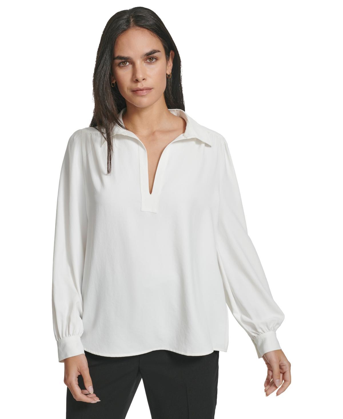 Calvin Klein Womens Long Sleeve V-Neck Collared Blouse Product Image