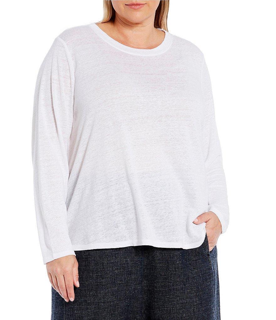 Eileen Fisher Plus Size Organic Linen Jersey Knit Crew Neck Long Sleeve Tee Shirt Product Image