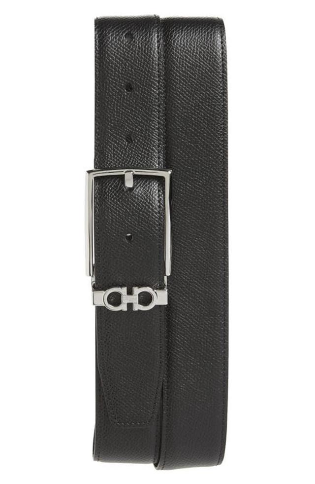 Men's Reversible Textured Leather Belt With Classic Buckle In Black/brown Product Image