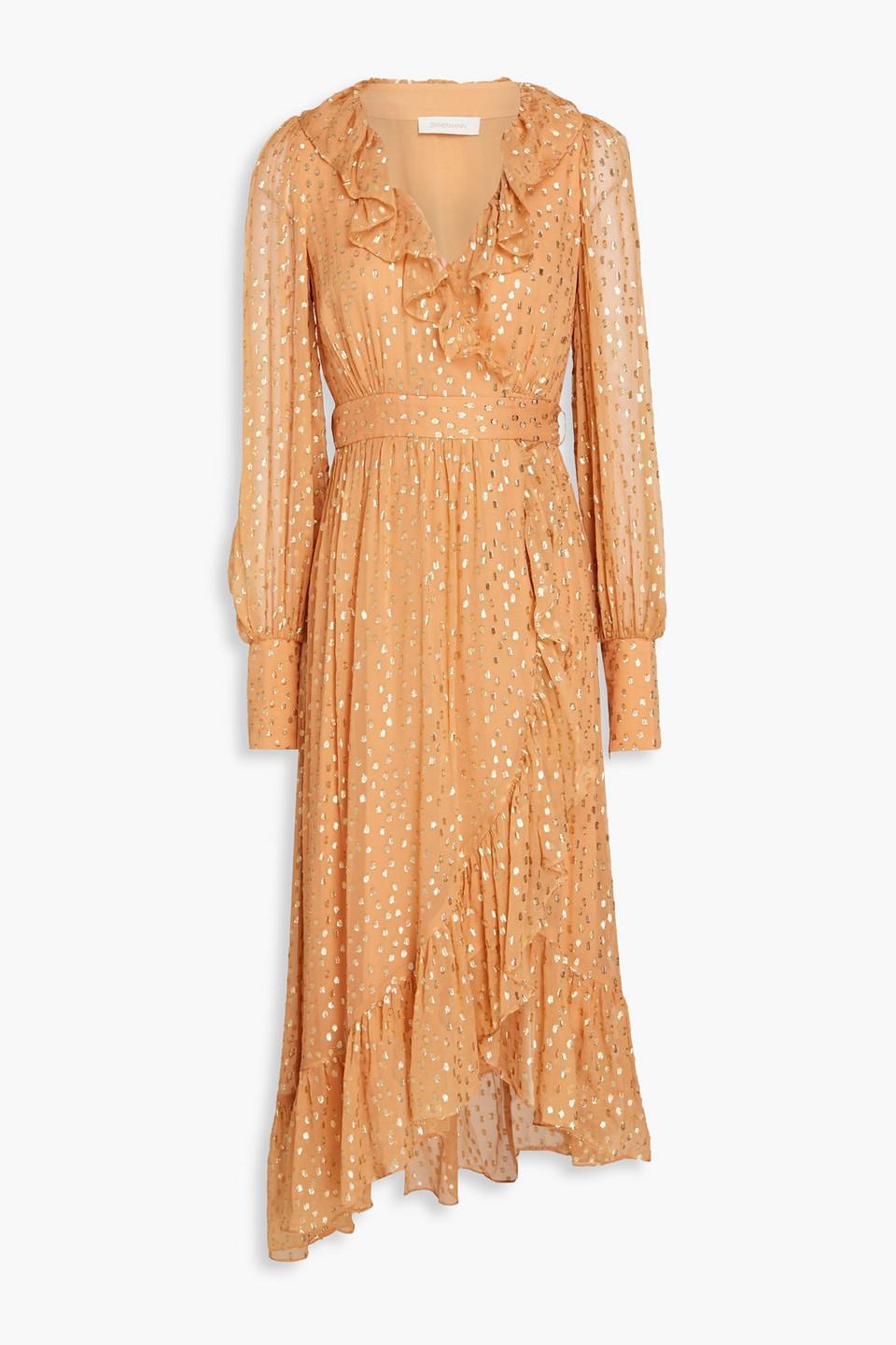 Metallic Chiffon Midi Wrap Dress In Orange Product Image