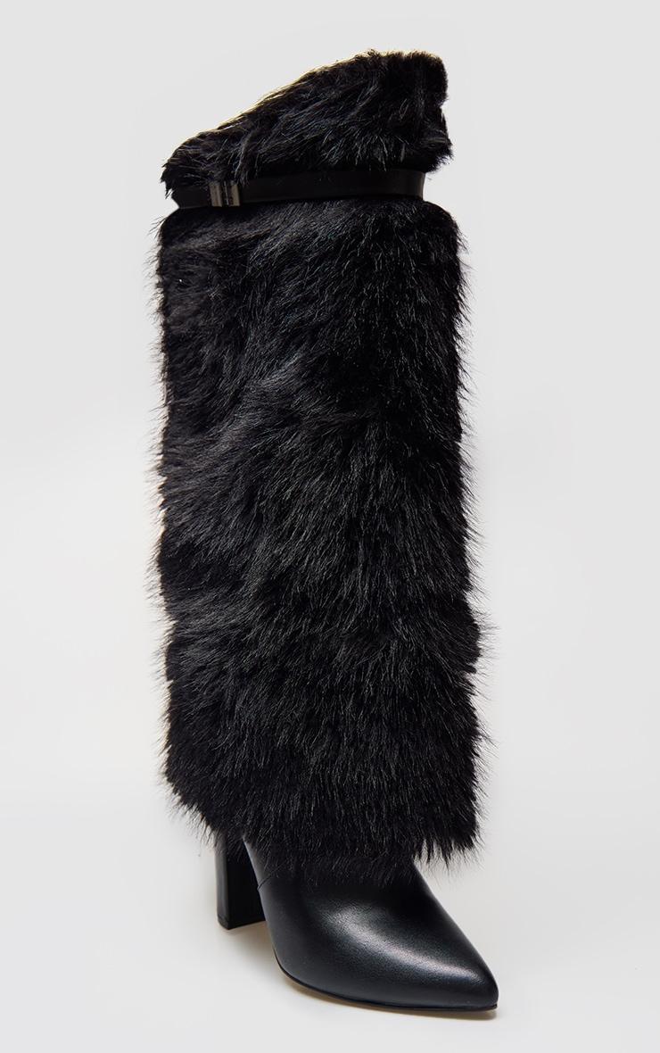 Black Wide Fit Faux Fur Fold Over Belt Detail Heeled Boots Product Image