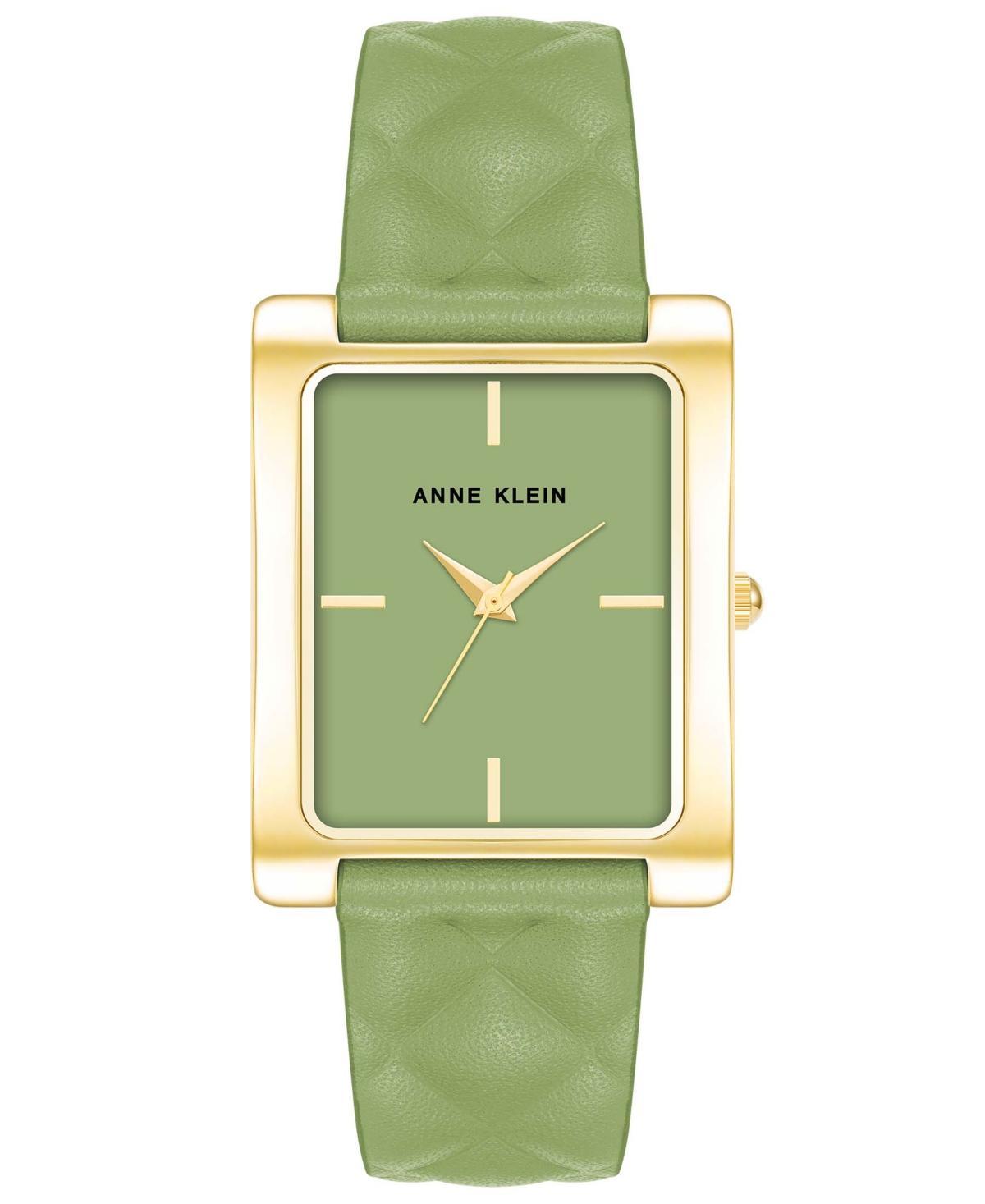 Anne Klein Womens Three Hand Quartz Rectangular Gold-Tone Alloy and Green Genuine Leather Strap Watch, 32mm - Gold Product Image