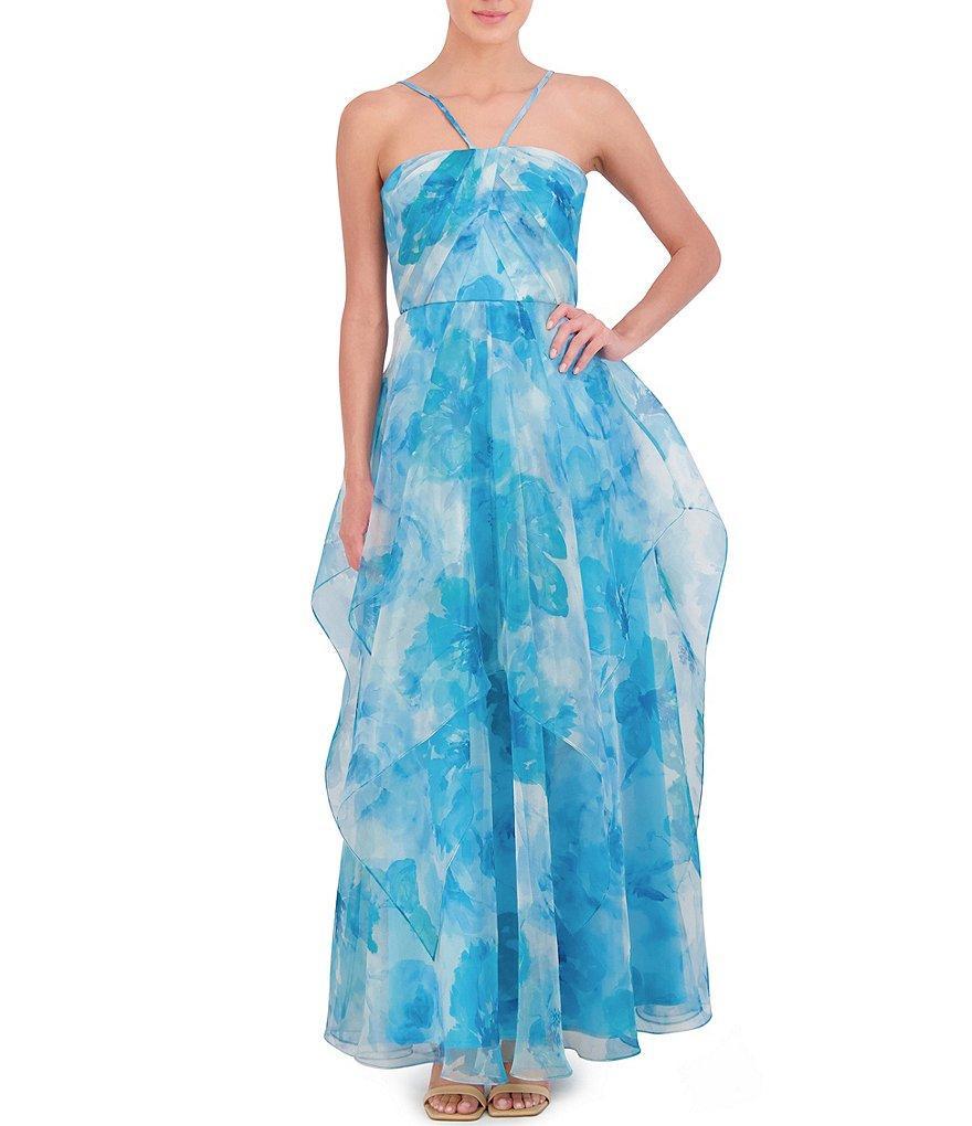 Eliza J Floral Print Organza Halter Neck Sleeveless Handkerchief Tiered Dress Product Image