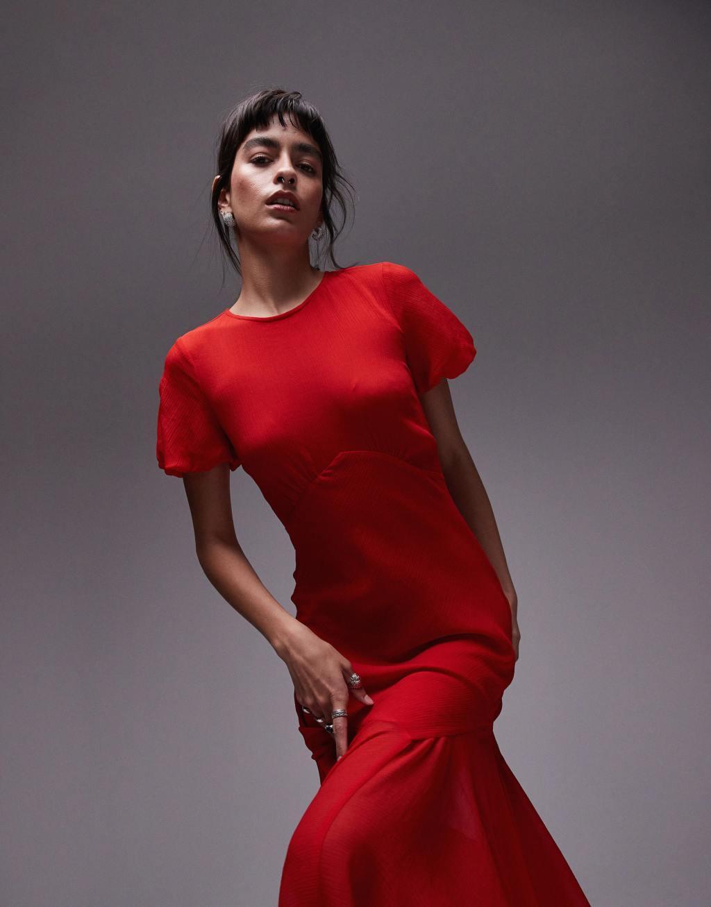 Topshop puff sleeve volume hem maxi dress in red Product Image