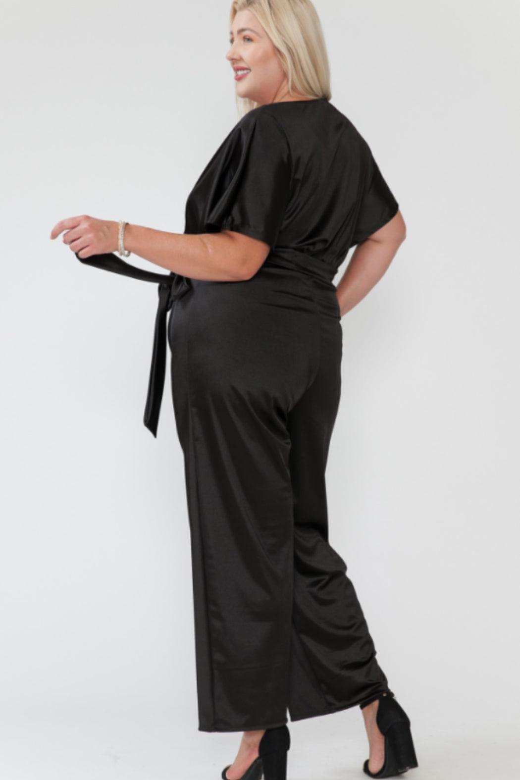 Plus Size Over Lap V Neck Waist Tie Wide Fit Jumpsuit Product Image