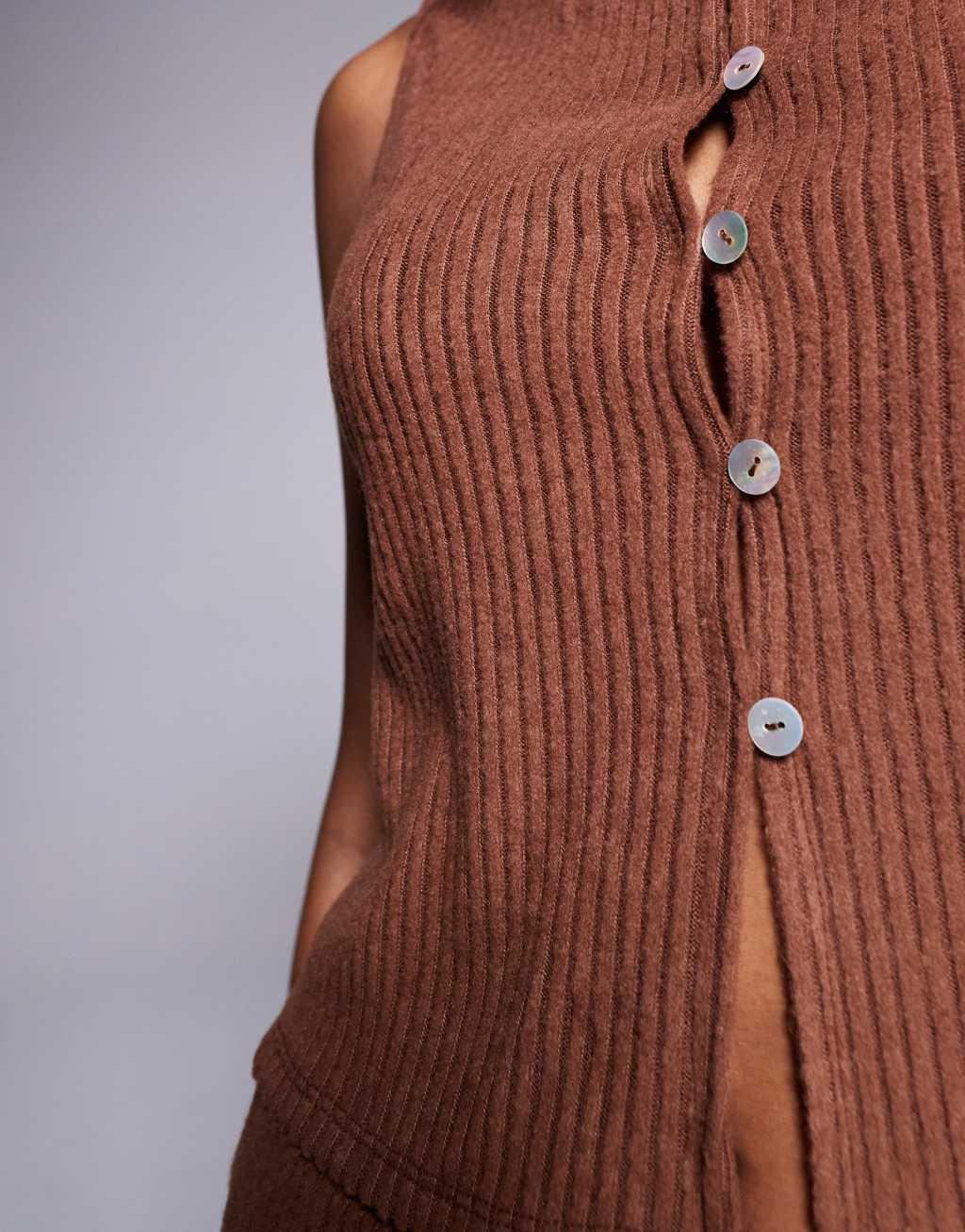 ASOS DESIGN sleeveless boat neck boxy fit brushed ribbed cardigan in brown - part of a set Product Image