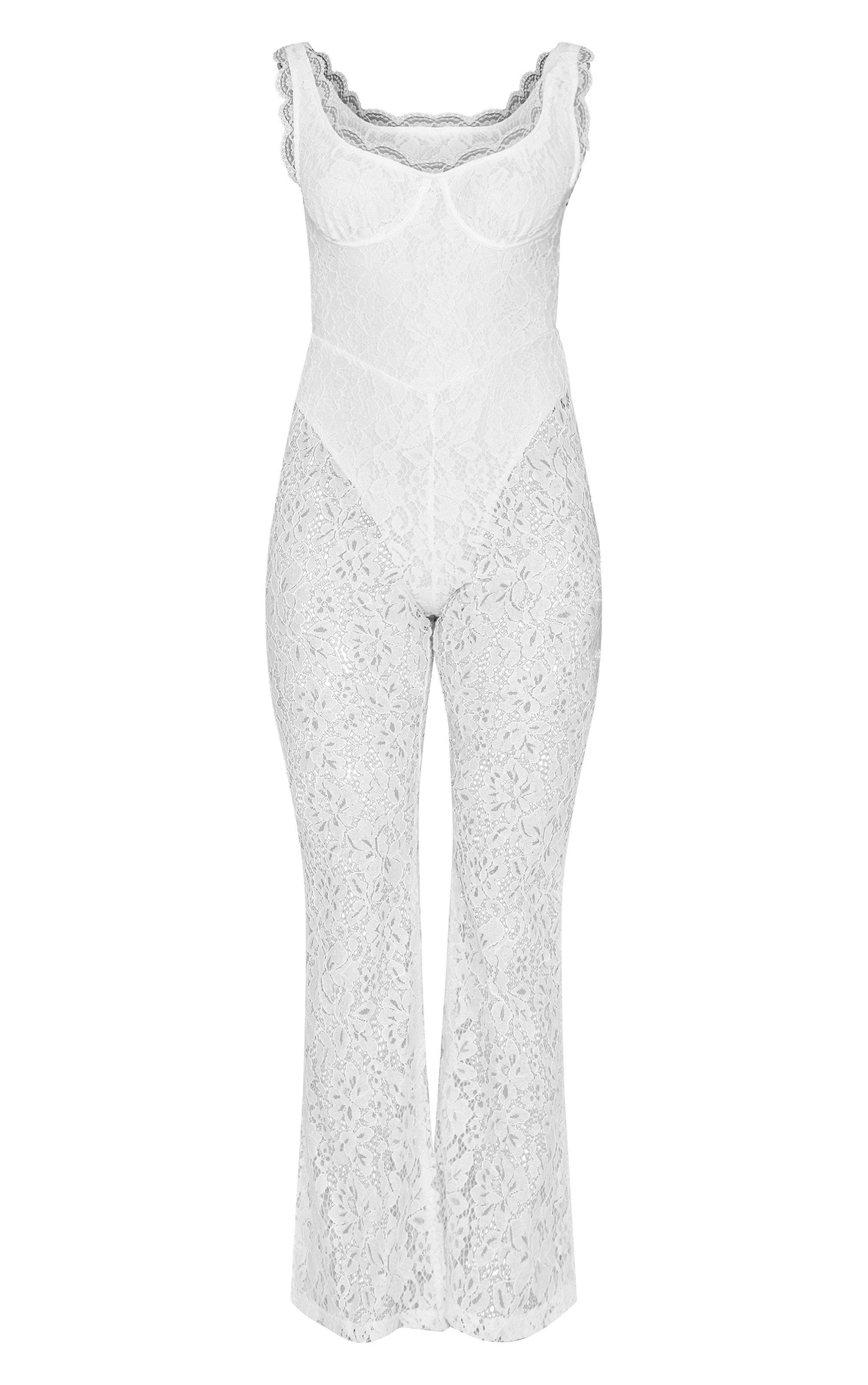 Petite White Lace Boning Detail Strappy Flared Jumpsuit Product Image