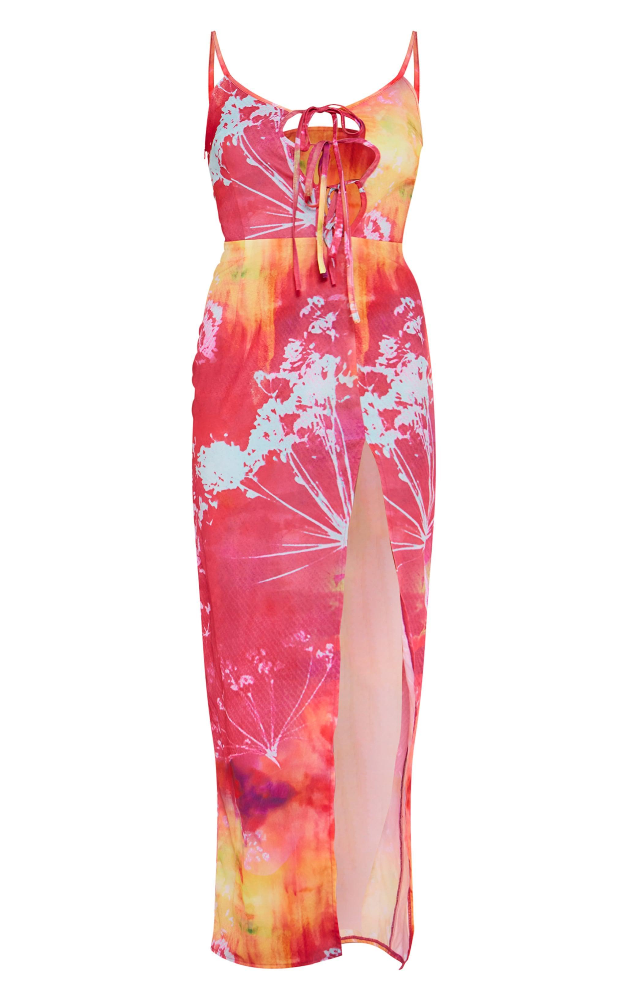 Dark Pink Floral Abstract Print Asymmetric Tie Strappy Midaxi Dress Product Image