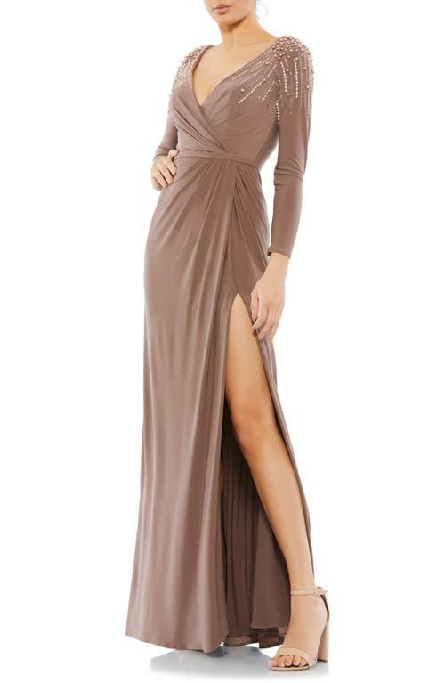 Mac Duggal Long Sleeve Faux Wrap Jersey Gown Product Image