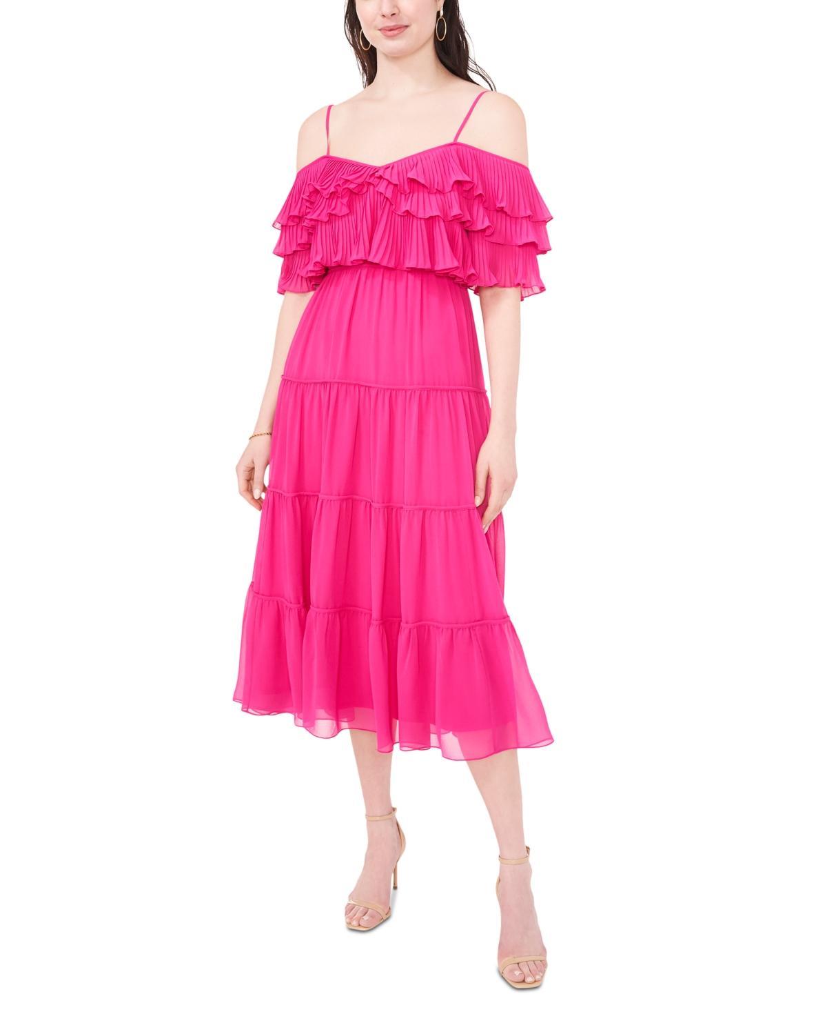 CeCe Womens Tiered Cold-Shoulder Ruffle Midi Dress Product Image