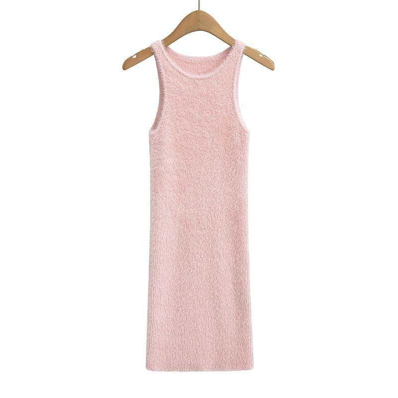 Sleeveless Round Neck Plain Fluffy Bodycon Mini Dress Product Image