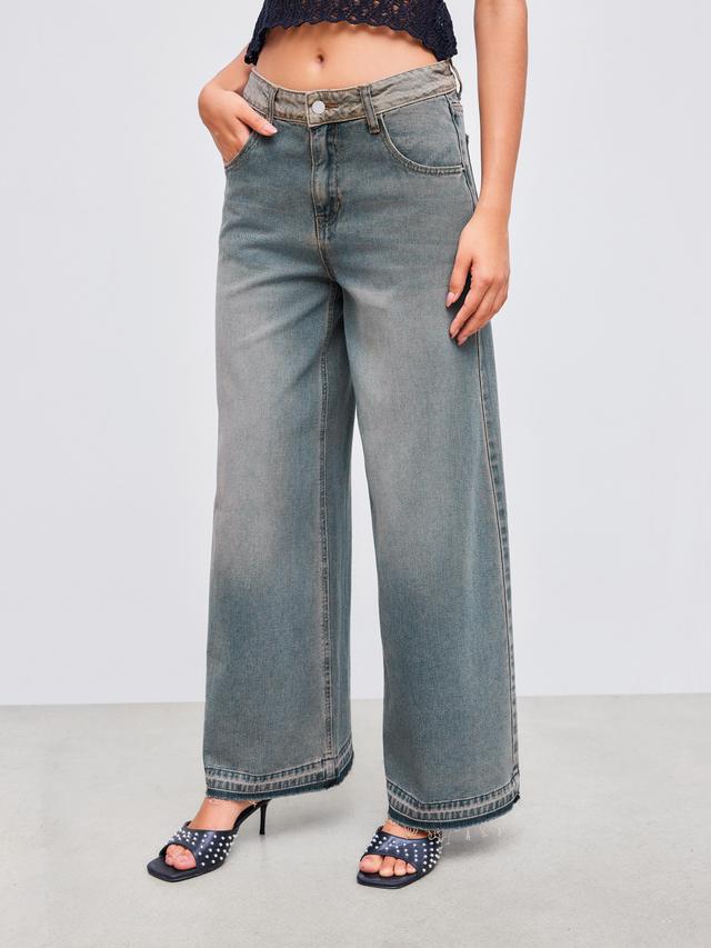 Cider Denim Mid Rise Washed Baggy Wide Leg Jeans Product Image