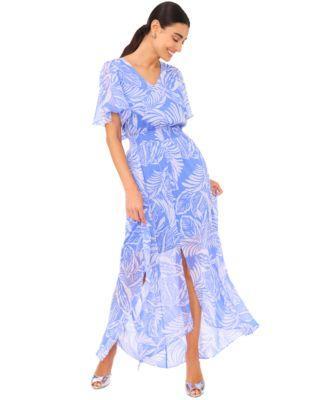 CeCe Womens Tropical-Print Smocked-Waist Flutter-Sleeve Maxi Dress Product Image