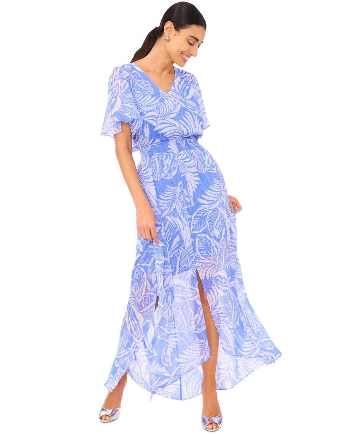 CeCe Womens Tropical-Print Smocked-Waist Flutter-Sleeve Maxi Dress Product Image