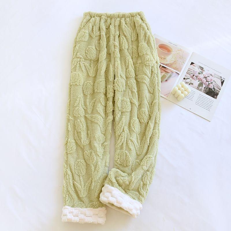 Elastic Waist Two Tone Floral Fleece Lounge Pants Product Image