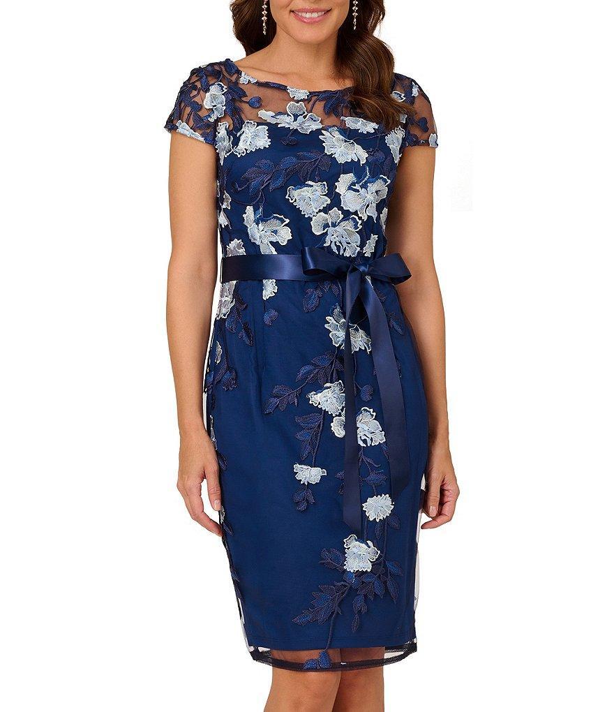 Adrianna Papell Embroidered Floral Print Cap Sleeve Ribbon Tie Waist Sheath Dress Product Image