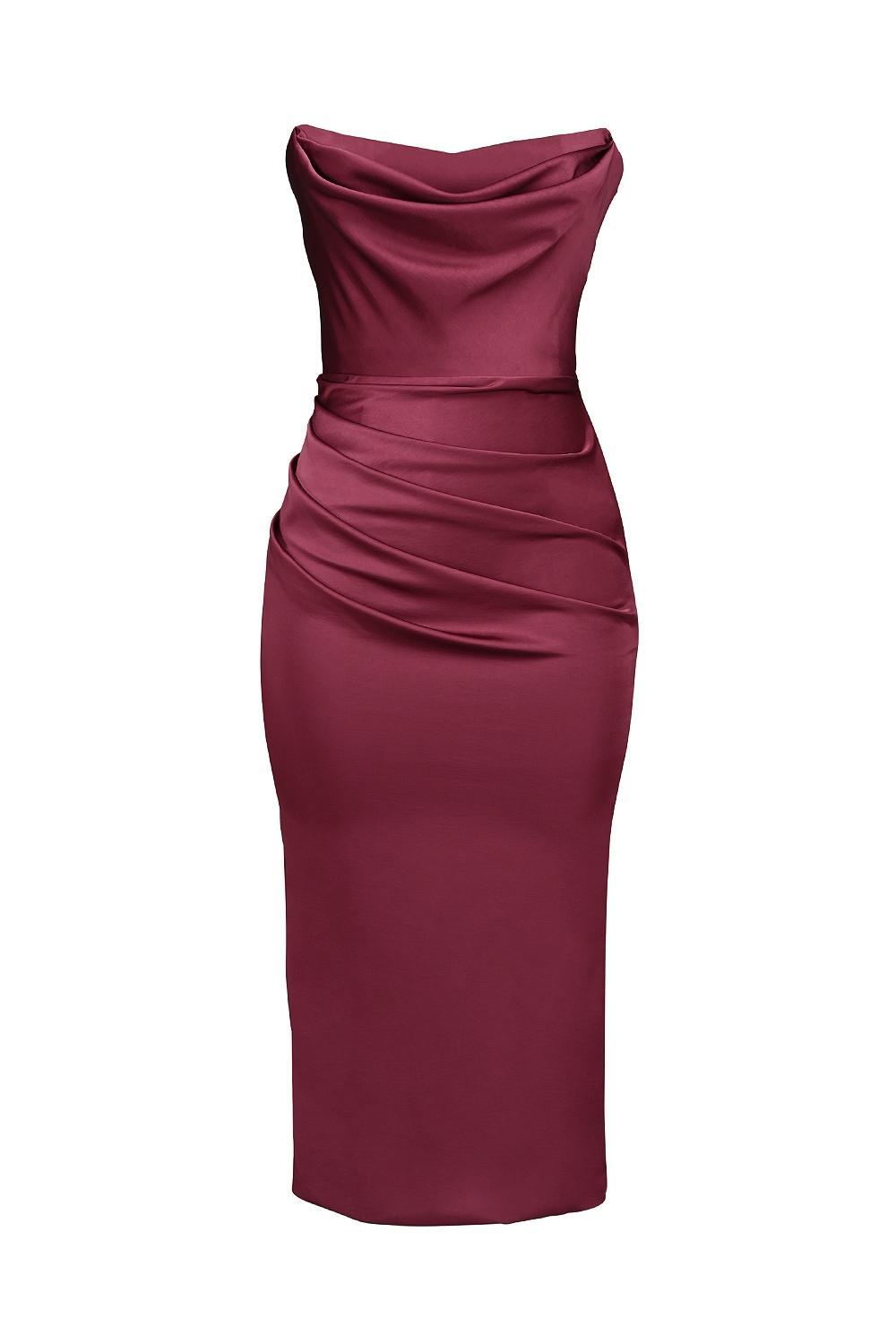 Santana Berry Satin Strapless Midi Dress Product Image