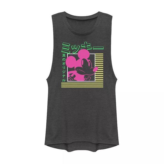 Disneys Mickey Mouse Vintage Kanji Neon Portrait Juniors Muscle Graphic Tank Top, Girls Grey Product Image