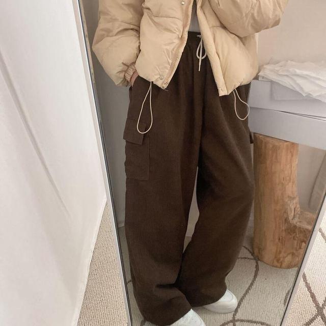 Drawstring Waist Plain Corduroy Wide Leg Cargo Pants Product Image