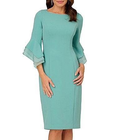 Adrianna Papell Stretch Crepe 34 Bell Sleeve Boat Neck Sheath Dress Product Image