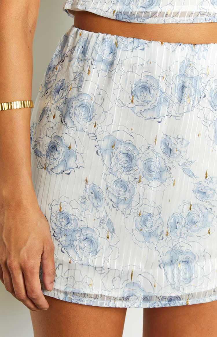 Mayia Blue Rose Print Mini Skirt Product Image