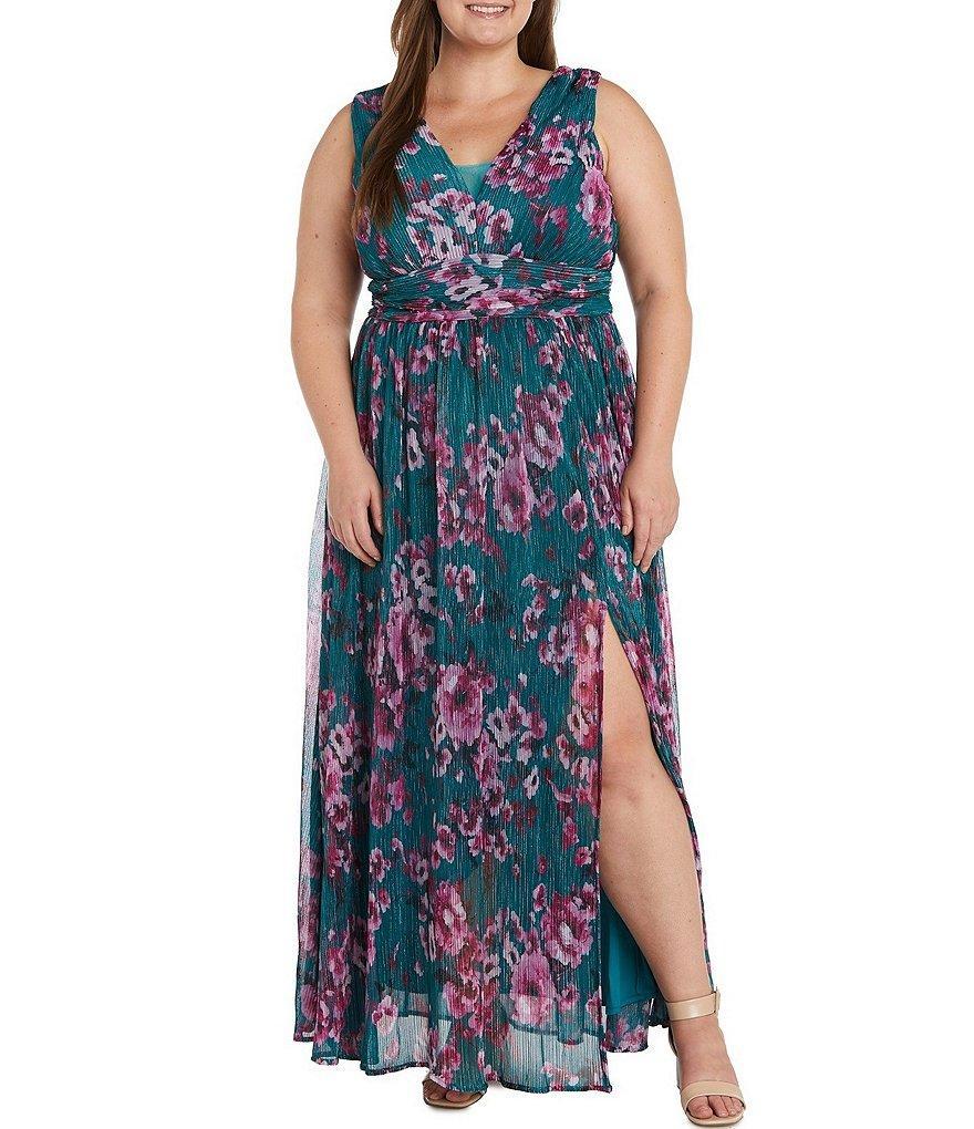 R & M Richards Plus Size Lurex Mesh Sleeveless V-Neck Floral Side Slit Tulle A-Line Dress Product Image