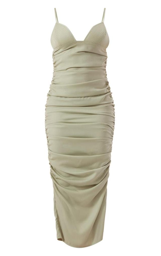  Sage Green Satin Bust Detail Strappy Ruched Midaxi Dress Product Image