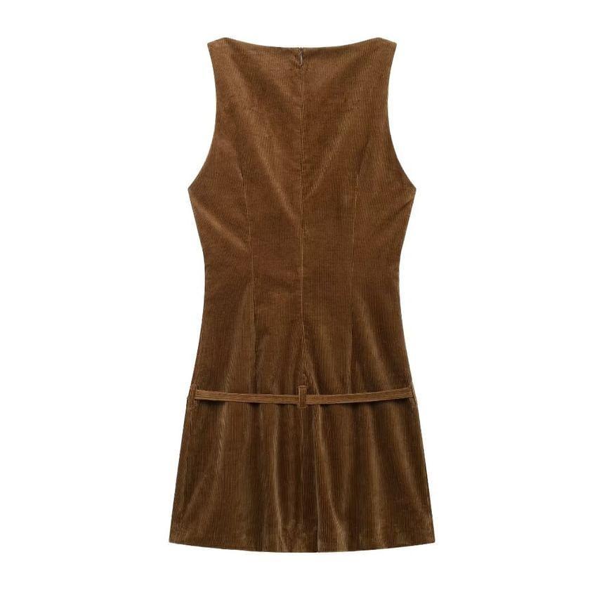 Sleeveless Boat Neck Plain Corduroy Mini Sheath Dress Product Image