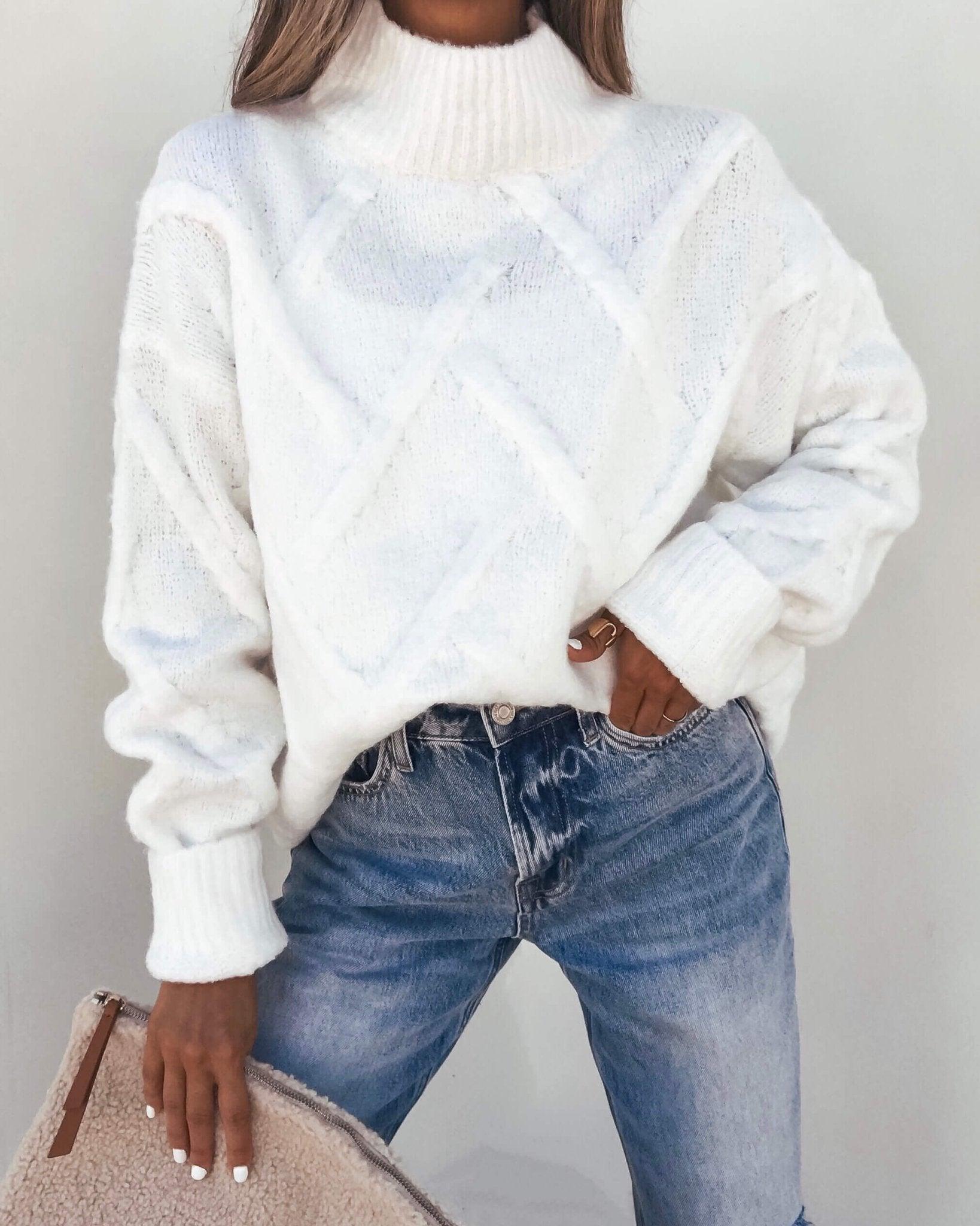 White Textured Mock Neck Sweater Product Image