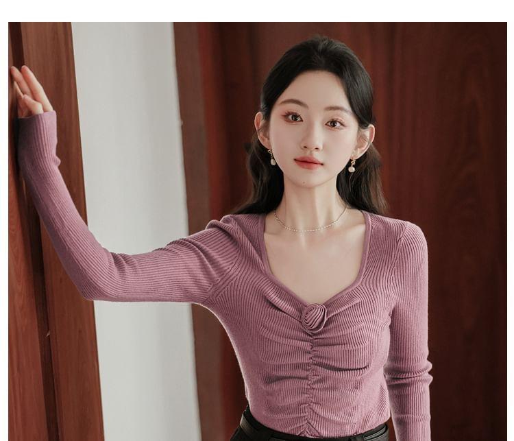 Long-Sleeve Scoop Neck Plain Knit Top / High Waist Midi A-Line Skirt / Set Product Image