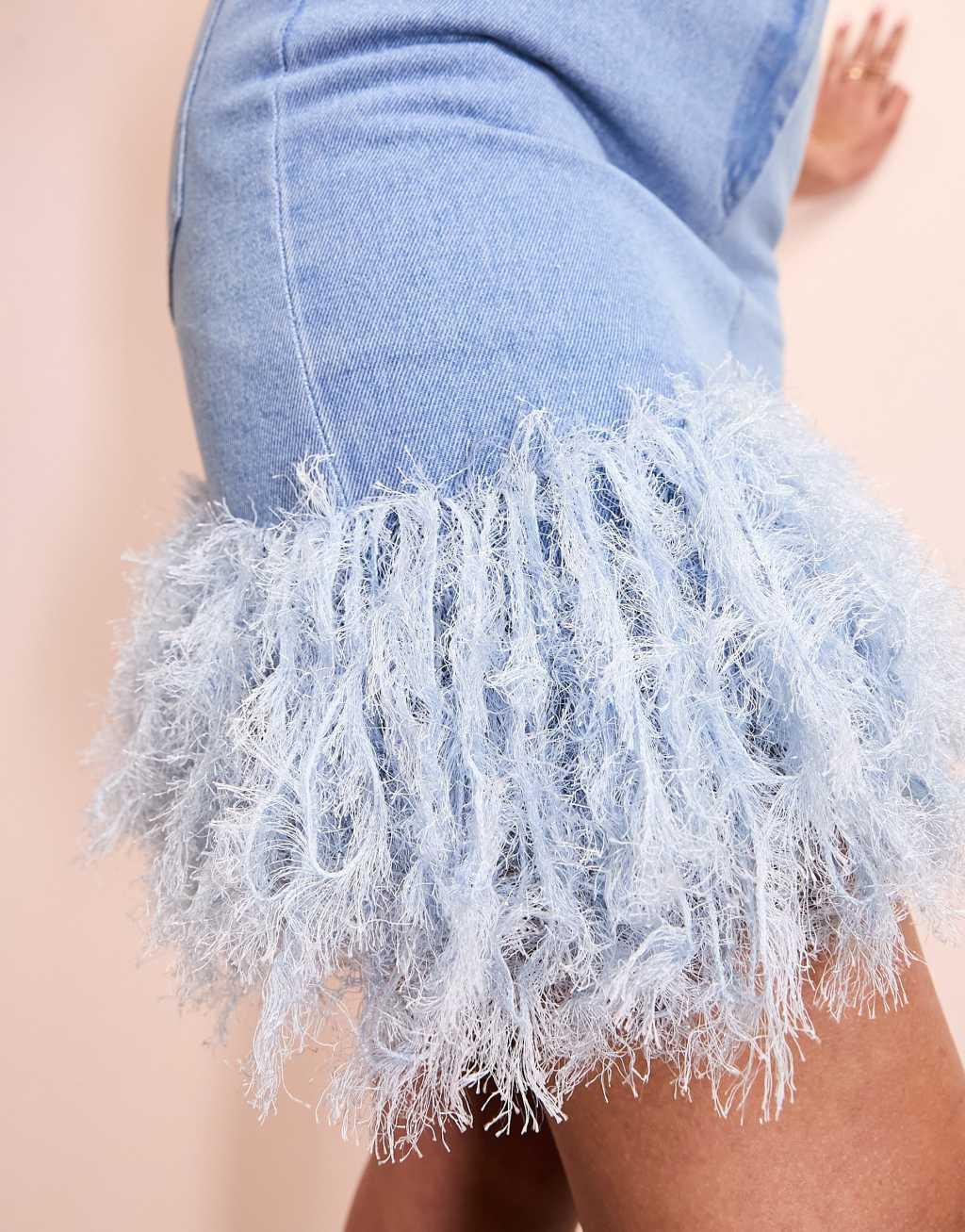 ASOS LUXE denim mini skirt with faux feathers in mid wash blue Product Image