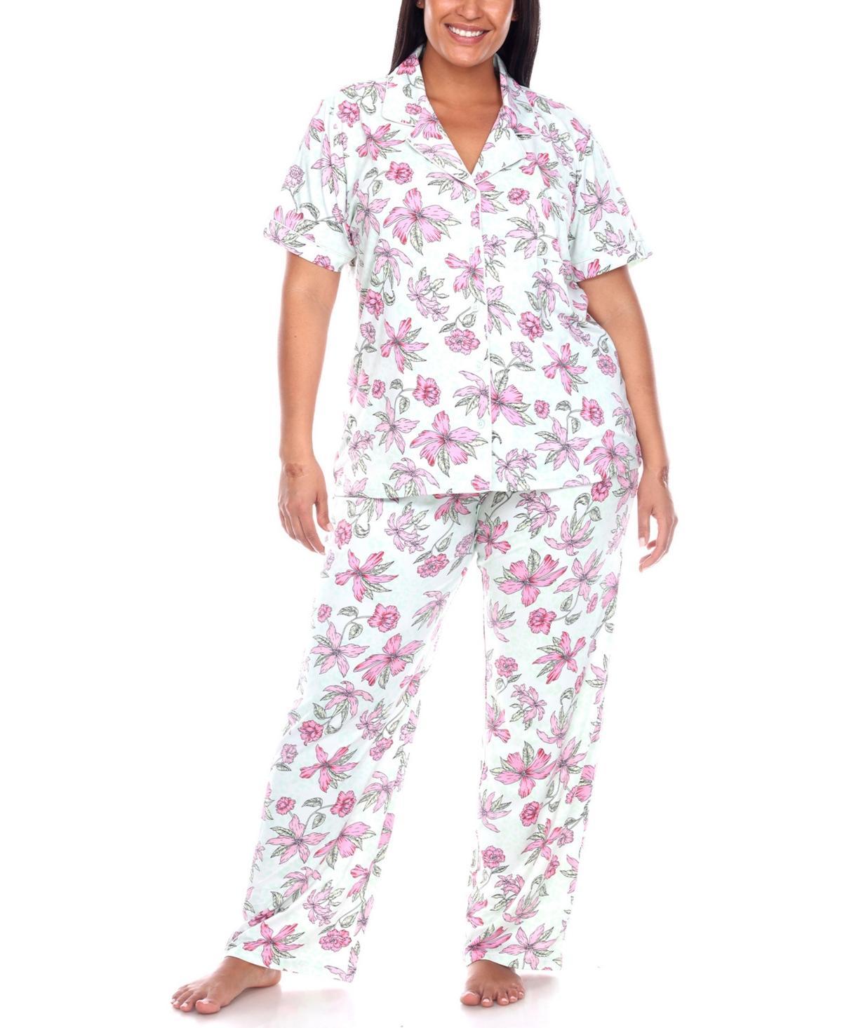 White Mark Plus Size Short Sleeve Pants Tropical Pajama Set, 2-Piece - White Product Image