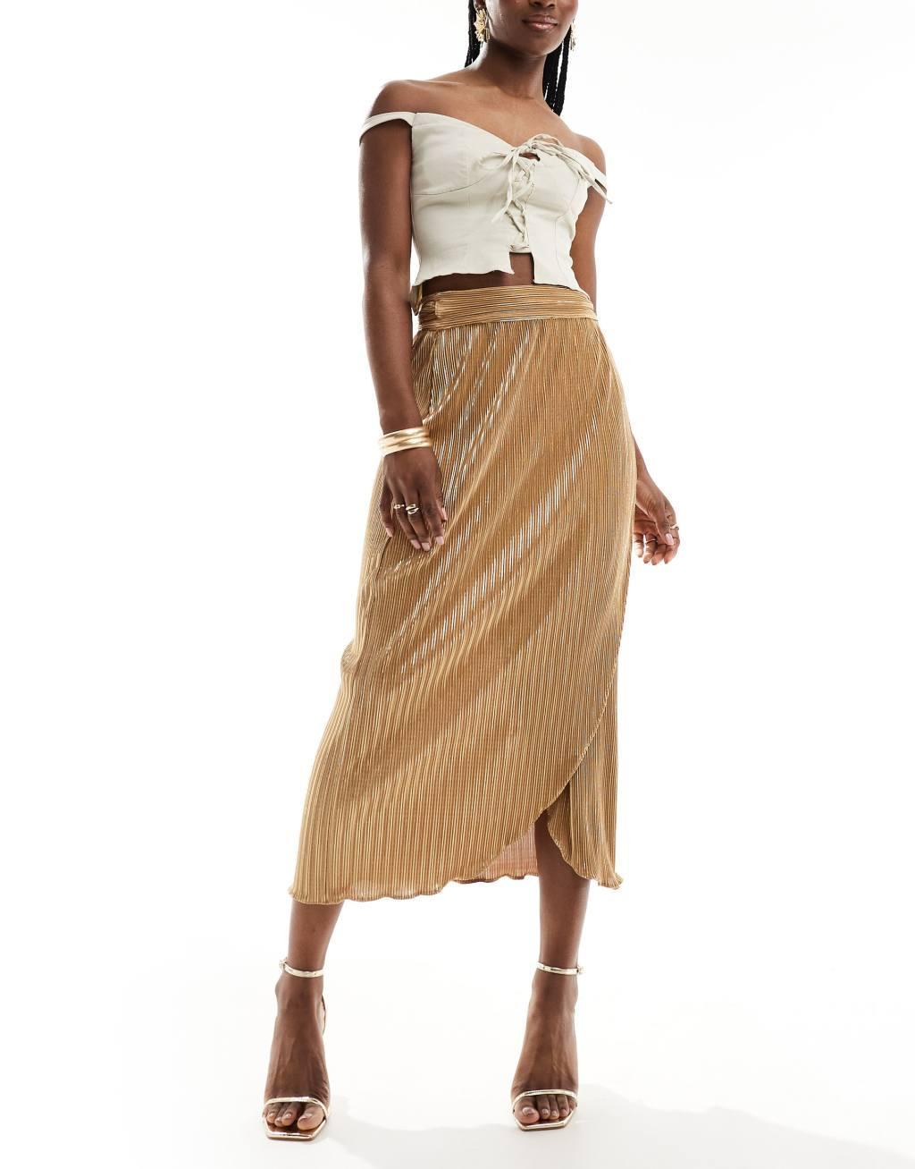 Never Fully Dressed Jaspre plisse midi skirt in gold Product Image