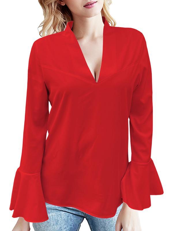 Flared Sleeves Long Sleeves Rhine Stones Solid Color V-Neck Blouses&Shirts Tops product image