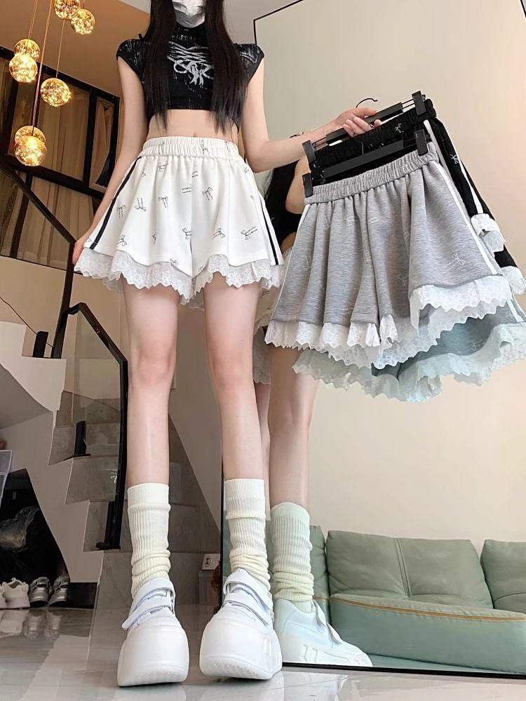 Elastic Waist Bow Print Panel Ruffle Sweat Shorts product image