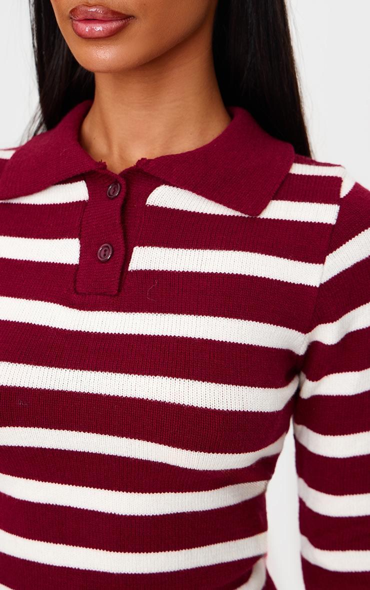 Petite Burgundy Knitted Stripe Collar Detail Long Sleeve Top Product Image