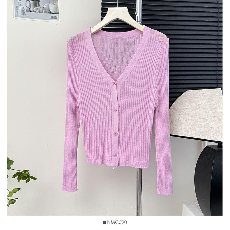 Long-Sleeve V-Neck Ribbed Light Cardigan in 9 Colors Product Image