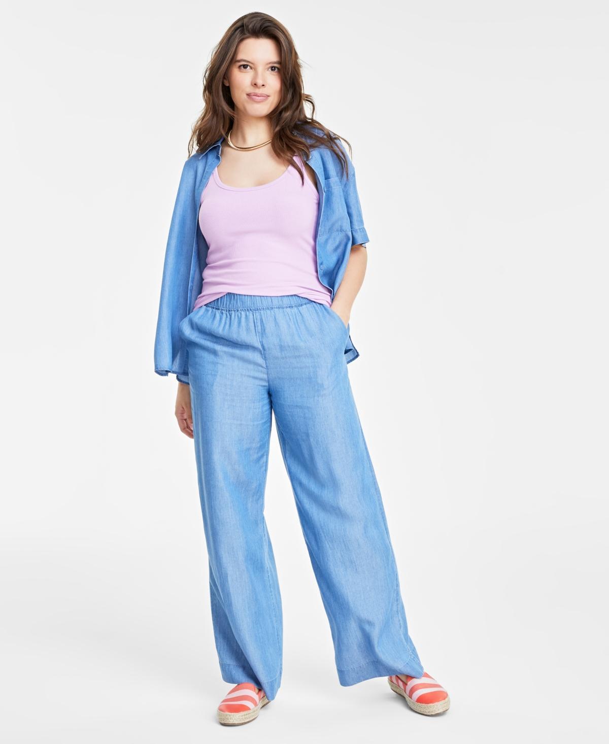 Women's High-Rise Chambray Wide-Leg Pants, Created for Macy's Product Image