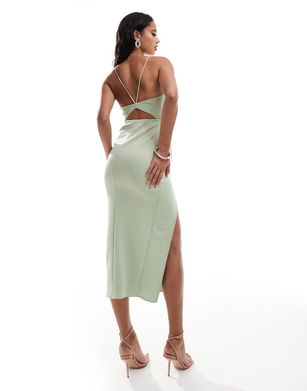 ASOS DESIGN halterneck midi dress with wrap skirt in sage green Product Image